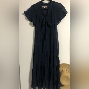 Listicle NAVY Tiered MIDI Flutter Slv Sheer DRESS V-neck w/Tie Lined POCKETS EUC